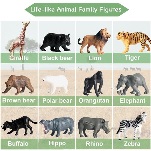 RUSON 12 Safari Animals Figures Toys with 12 Flash Cards, Realistic Mini Jungle Animal Figurines Cake Topper Party Supplies Montessori Animal Matching Game for Toddler Kids
