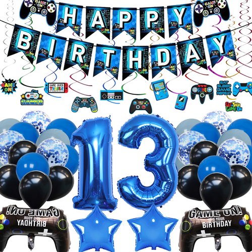 Vlipoeasn Video Game 13th Birthday Decorations for Boys Game on 13th Birthday Party Supplies Blue Gaming 13th Happy Birthday Banner (13th)