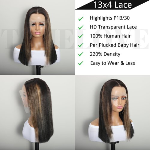 Brown Highlight Bob Wig Human Hair 14 inch 13x4 Bone Straight Lace Front Wigs Human Hair 220% Density Straight Lace Front Wigs Human Hair 1B/30 Glueless Wigs Human Hair Pre Plcuked With Baby Hair
