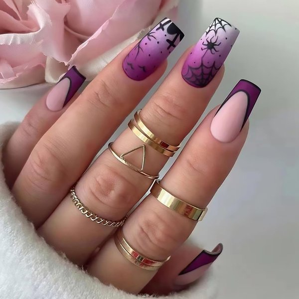 Halloween Press on Nails Coffin Medium Matte Fake Nails Purple Gradient False Nails With Spider Cross Spider Web Design Full Cover Stick on Nails Acrylic Artificial Nails Glue on Nails for Women 24Pcs