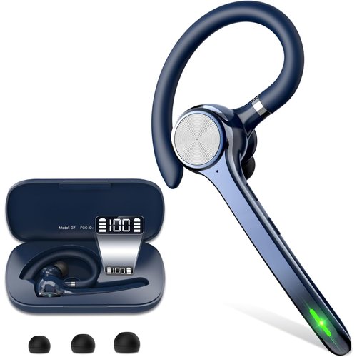 HEIBAS Bluetooth Headset, Wireless Bluetooth Earpiece with 500mAh Charging Case 72 Hours Talking Time Built-in Microphone for iOS Android Cell Phone, Hand-Free Headphones for Trucker, Office-Blue