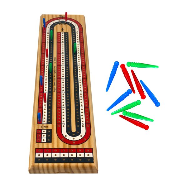 Regal Games Cribbage Board Game Set with Unique Wooden Cribbage Board (11" x 4.5" x 2.75") & 9 Multi-Colored Cribbage Pegs - Family Fun Game Night - Ideal for 2-4 Person
