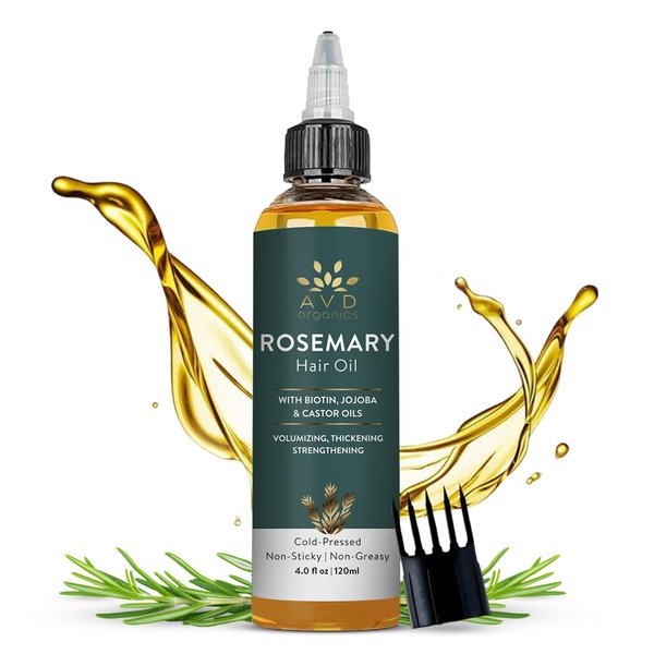 AVD ORGANICS Pure Rosemary Oil for Hair Growth (4.05 fl oz) Infused with Biotin Jojoba & castor Oil | Hair strengthening Treatment | Nourishing & Volumizing– Strengthening, | Non-GMO verified
