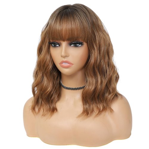 BEAUTIFA Ombre Brown Wig with Bangs for Women 14 Inch Shoulder Length Short Bob Wavy Curly Wig Ombre Brown Wig Heat Resistant Synthetic Wigs