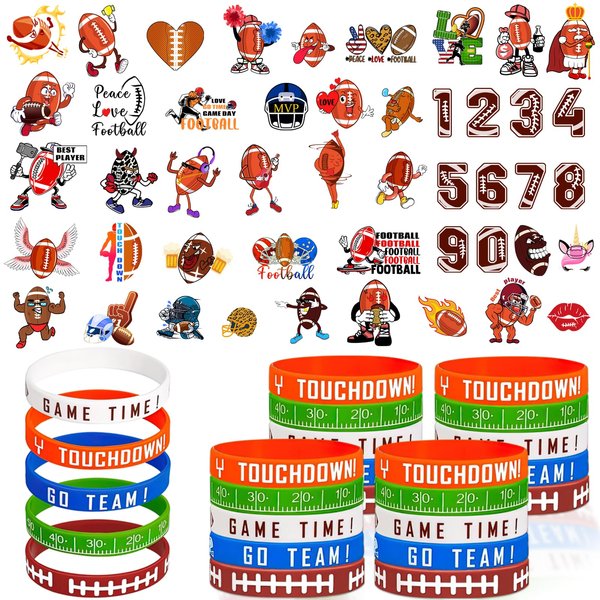 119PCS Football Party Favors 94PCS Cute Football Tattoos 25PCS Football Silicone Bracelets Wristbands for Football Game Touchdown Tailgate Cheerleaders Party Decoration favors