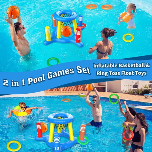 GiziGizi Pool Toys for Kids Adult, 2in1 Inflatable Pool Floats Basketball Hoop & Ring Game, Swimming Pool Games for Adults and Family, Outdoor Party Poolside Water Toy for Boys Girls Kids Ages 4-8-12