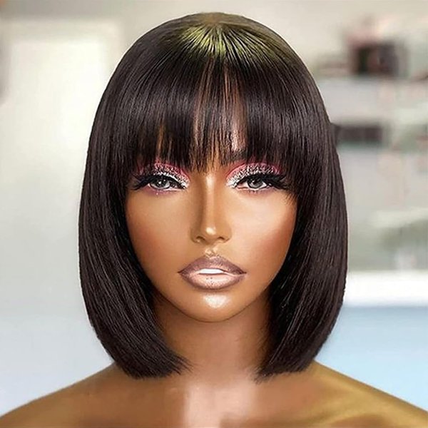 JOEDIR HAIR Bob Human Hair Wig with Bangs Straight Black Hair 10 Inch Short Bob Wig with Bangs for Black Women (Color: 1B)