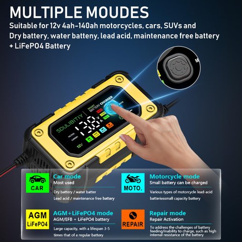 SDULIBITIY Car Battery Charger，12V 6A Battery Chargers Automobile 12 Volt Trickle Charger Automotive Color Digital Display LED, for Cars, Trucks, Motorcycles, Lithium, Lifepo4, Lead Acid Batterie