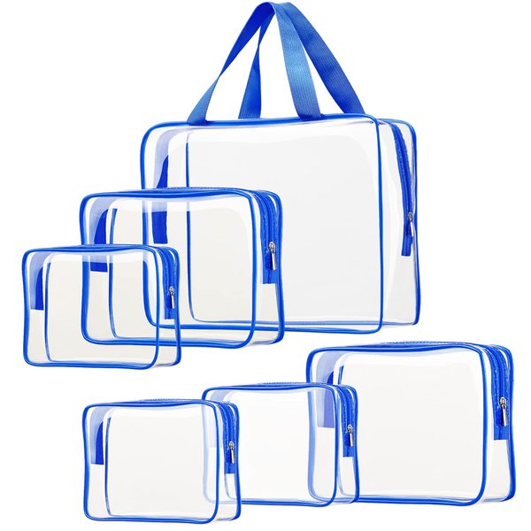 6pcs Clear Cosmetic Bags, TSA Approved Toiletry Bag Set Crystal Clear Travel Bag Organization PVC, Clear Makeup Bags Luggage Pouch Carry on Airport Airline Compliant Bag with Zipper Handle Women Men