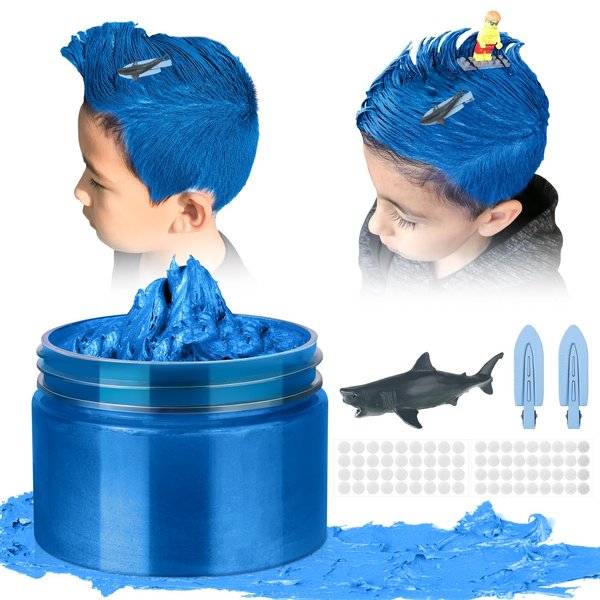 Temporary Hair Color Wax Kit, Stocking Stuffers for Teen Girls age 4 5 6 7 8 9 10+ Hair Dye Color Wax Washable Crazy Hair Sea Style with Giant toothed shark model (Blue)