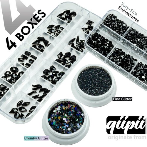 4 Boxes Black Nail Rhinestones Nail Glitters Kit, 24 Shapes K9 Glass Jet Black Gems Flatback Round Gems Stones Diamonds Crystals Nail Art Supplies Nail Charms for Acrylic Nails Faces Body DIY Crafts