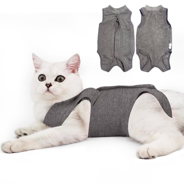 DOTON Cat Recovery Suit for Male and Female Surgical Post Surgery Soft Cone Onesie Shirt Clothes Neuter Licking Protective Diapers Outfit Cover Kitten Spay Collar(M, Grey)