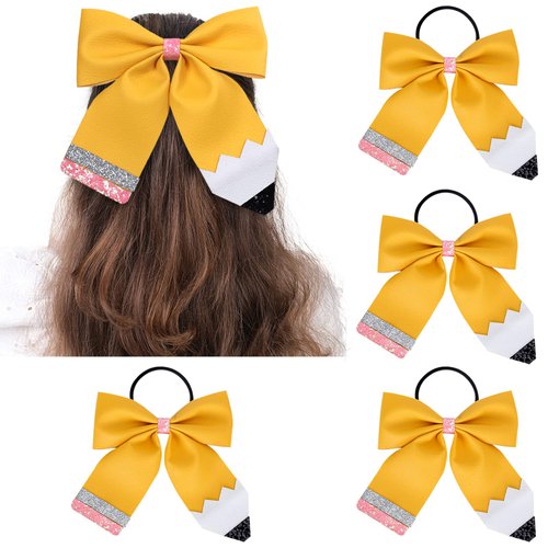 Whaline 4Pcs Back to School Hair Bows Glitter Pink Yellow Pencil School Cheer Hair Bows with Ponytail Holder Cheerleading Dance Practice Back to School Hair Accessories for Teens Toddler, 4.7 Inch