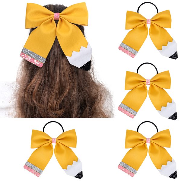 Whaline 4Pcs Back to School Hair Bows Glitter Pink Yellow Pencil School Cheer Hair Bows with Ponytail Holder Cheerleading Dance Practice Back to School Hair Accessories for Teens Toddler, 4.7 Inch