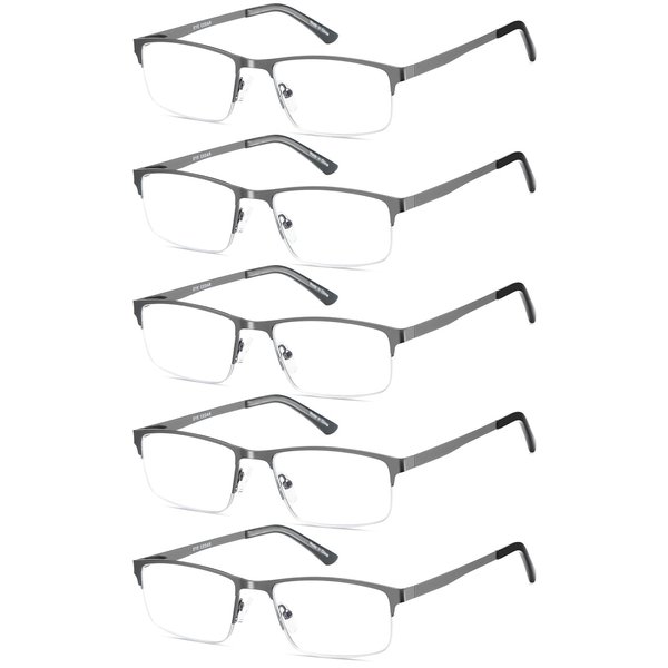 EYECEDAR 5-Pack Reading Glasses for Men Blue Light Blocking Gunmetal Gray Metal Half Frame Spring Hinges Readers Glasses Mens Readers 1.75