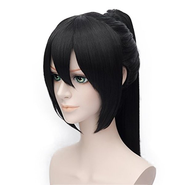 Alacos Long Straight Ponytail Wig With Bangs, Black Anime Cosplay Party Wig for Man +Wig Cap