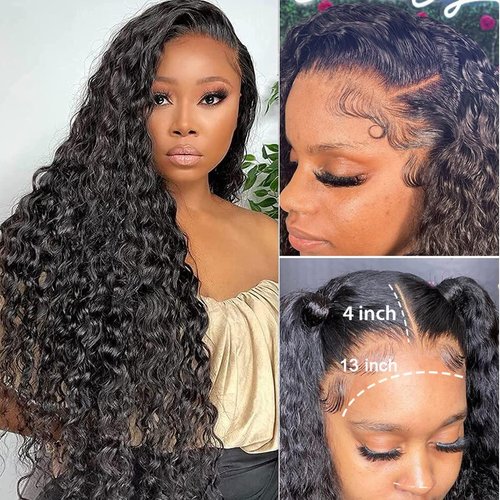 Ijowa Deep Wave Lace Front Wigs Human Hair 13x4 HD Transparent Lace Frontal Wigs for Women Human Hair Wet and Wavy Lace Front Wigs Pre Plucked with Baby Hair 180% Density Natural Black Color 24inch