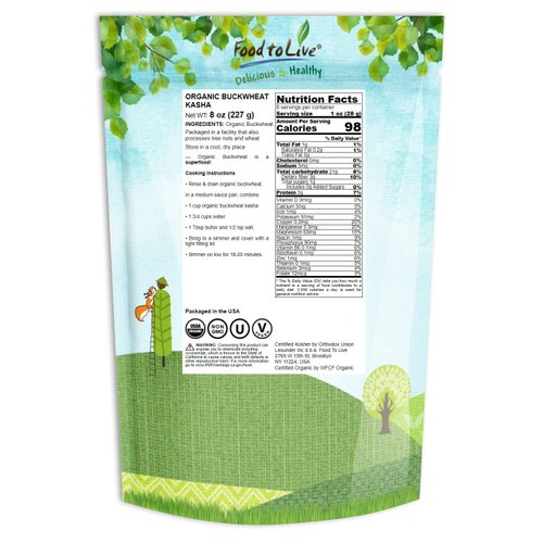 Food to Live Organic Buckwheat Kasha, 8 Ounces – Grechka, Toasted Whole Groats, Non-GMO, Kosher, Sirtfood, Bulk