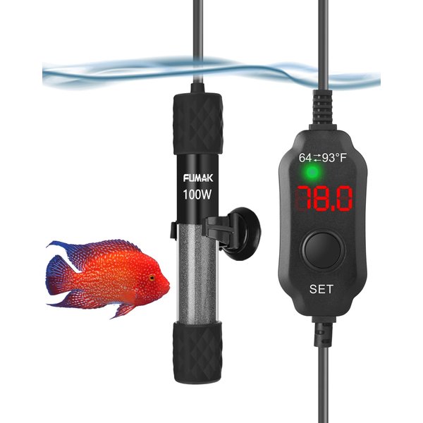 Kulife Fumak 100W Adjustable Aquarium Heater Super Short Submersible Fish Tank Heater Fish Heater with LED Digital Display Thermostat, for Tanks 10-20 Gallons