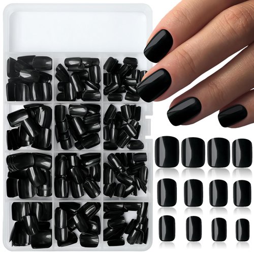 LoveOurHome 360pc Square Press on Nails Short Fake Nails Black Acrylic Press on Nails Square Presson Nail Tips Full Cover Glue Nails Colored Short False Nails & Glue Adhesive Tabs for Women Girls