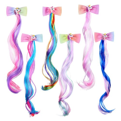 Waydress 6 Color Unicorn Bow Clip with Colored Hair Extension Glitter Butterfly Hair Clip Wigs Crazy Hair Day Accessories Curly Ponytail Hair Bow Princess Dress up Headdress Horsetail for Girl, 15''