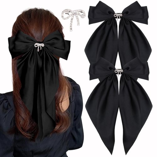 XIWIMISID Big Bow Hair Clips for Women And Girls Cute Hair Accessories Silky Satin Bows Barrettes Oversized Long Tail Ribbons Metal Hairpin 2pcs (black+white)