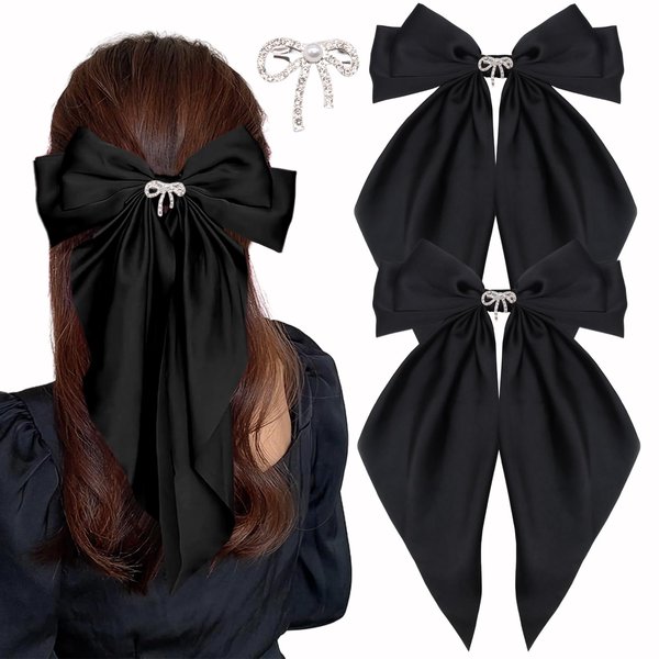 XIWIMISID Big Bow Hair Clips for Women And Girls Cute Hair Accessories Silky Satin Bows Barrettes Oversized Long Tail Ribbons Metal Hairpin 2pcs (black+white)