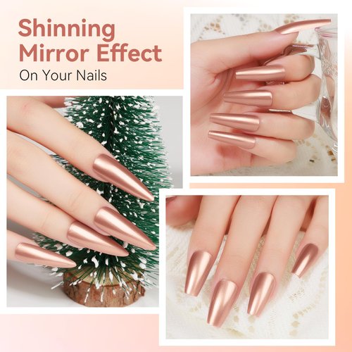 MIZHSE Chrome Nail Polish, Rose Glod Mirror Nail Polish for Nail Art, Long-lasting Mirror Metallic Effect Nail Polish, 0.53oz Gorgeous Quick-Dry Reflective Nail Polish for Fingernail Toenail Manicure