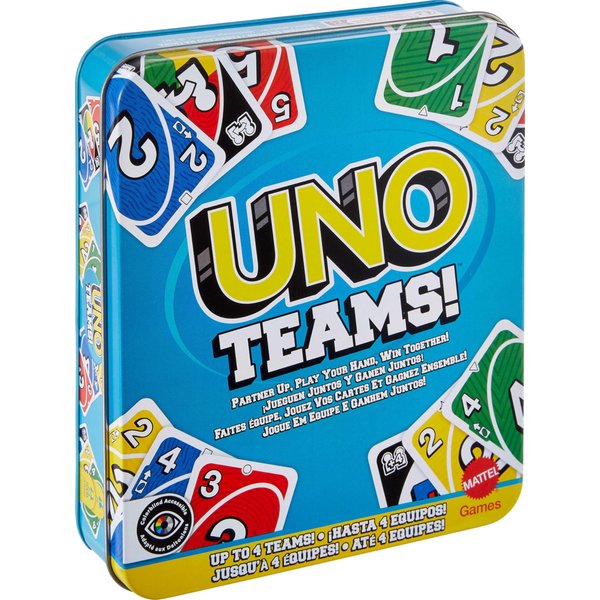Mattel Games UNO Teams Card Game for Family Nights, Game Nights, Travel, Camping & Parties for Players 7 and Up in Up to Four Teams, with Cards Any Colorblind Player Can Use