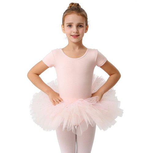 MdnMd Short Sleeve Glitter Dance Ballet Tutu Leotard Dress Ballerina Outfit for Girls (Ballet Pink, 8-10 Years)