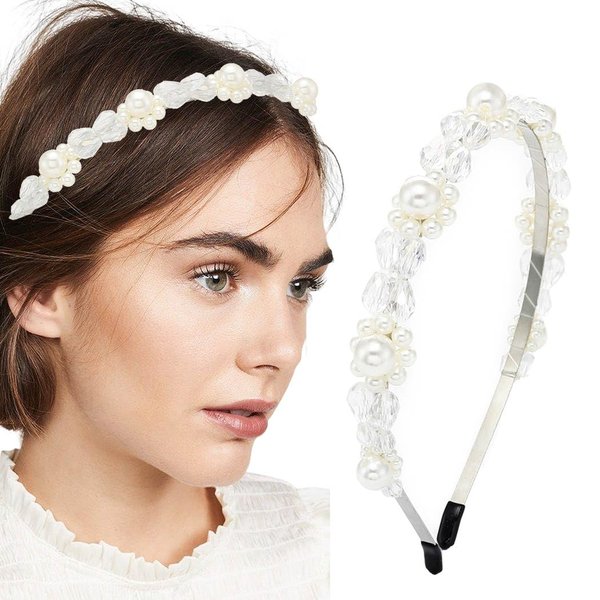 Firuilo White Pearl Headbands Thin Rhinestones Hair Bands Sparkly Crystal Beaded Head Bands Bling Diamond Bride Wedding Hair Hoop for Women and Girls (Type A)