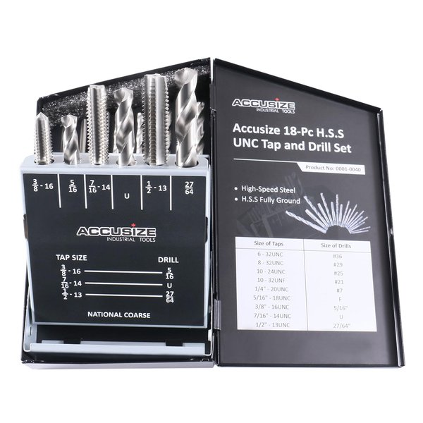 Accusize Industrial Tools 18 Pc H.S.S. Tap and Drill Set, U.N.C., 0001-0040