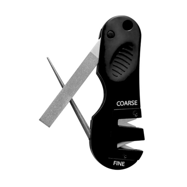 AccuSharp 4-in-1 Multi-tool Knife Sharpener - Coarse Tungsten Carbide Sharpening Blades & Ceramic Rods with Retractable Diamond-Tapered Rod - Fish Hook, Serrated Knife, Hunting Knife Sharpener - Black