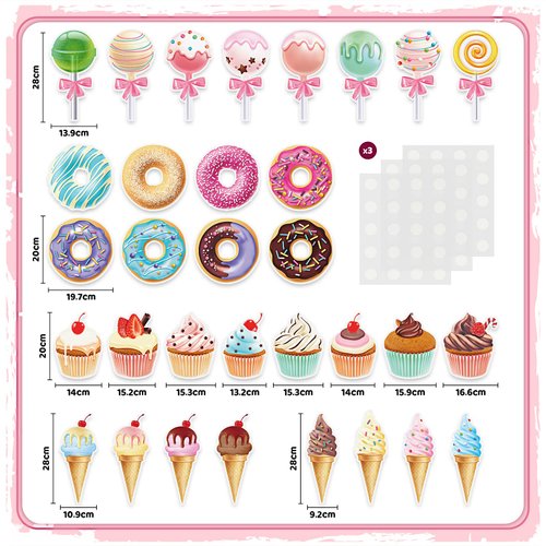 Sepamoon 32 Pcs Candy Party Decorations Includes Ice Cream Cut Outs Donuts Cutouts Round Lollipop Cupcakes Candyland with Glue Point Dots for Classroom Home Room Decor