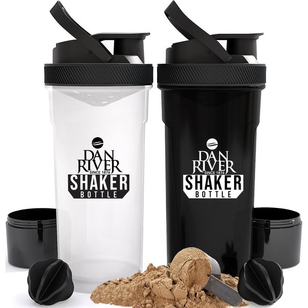 DAN RIVER Shaker Bottle | Plastic Shaker Bottle | Blender Bottle 2 Pack | Protein Shaker Bottle | Shaker Bottles for Protein Mixes | Protein Shake Mixer | 24oz | Twist and Lock | (Clear & Black)
