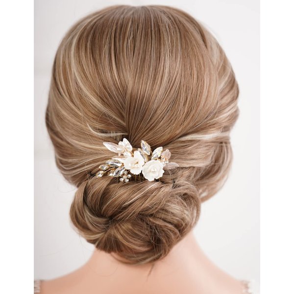 Missgrace Bride Wedding Crystal Pearl Leaf Rhinestones Dainty Hair Comb Gold Bridal Hair Pieces Rhinestone Bridal Hair Clip Flower Hair Side Combs Wedding Hair Accessories for Brides Women (Gold)