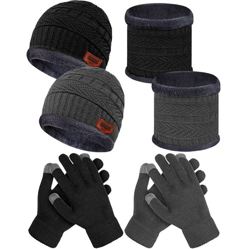 6 Pieces Kids Winter Hat Glove Scarf Sets Knitted Toddler Cap Beanie Touchscreen Mitten Neck Warmer for Boys Girls 5-14 Years (Grey, Black)