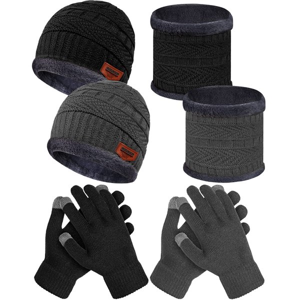 6 Pieces Kids Winter Hat Glove Scarf Sets Knitted Toddler Cap Beanie Touchscreen Mitten Neck Warmer for Boys Girls 5-14 Years (Grey, Black)