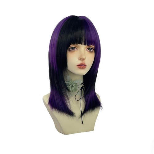 WKLOUYHE Short Straight Wig with Bangs for Women Shoulder Length Bob Women's Synthetic Wigs Heat Resistant Hair for Cosplay Halloween Daily Party Use (Black and Purple)