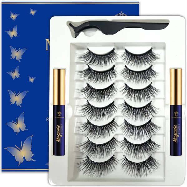 7C SevenCrown Magnetic Eyelashes with Eyeliner Kit,Cat-Eye Wispy Magnetic Lashes,False Eyelashes with Applicator,Reusable Magnet Lash Set,Natural Look,Easy,Cruelty-Free.7 Pairs