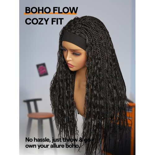 GORGIUS Goddess Braided Headband Wig with Curly Hair Black Synthetic Box Braid Wig with Head Band Attached Knotless Ready to Go Glueless Braiding Hair Wig For Women