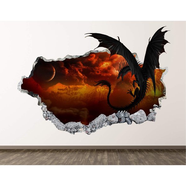 Dragon Wall Decal Art Decor 3D Smashed Kids Galaxy Sticker Mural Boys Gift BL06 (50"W x 30"H)