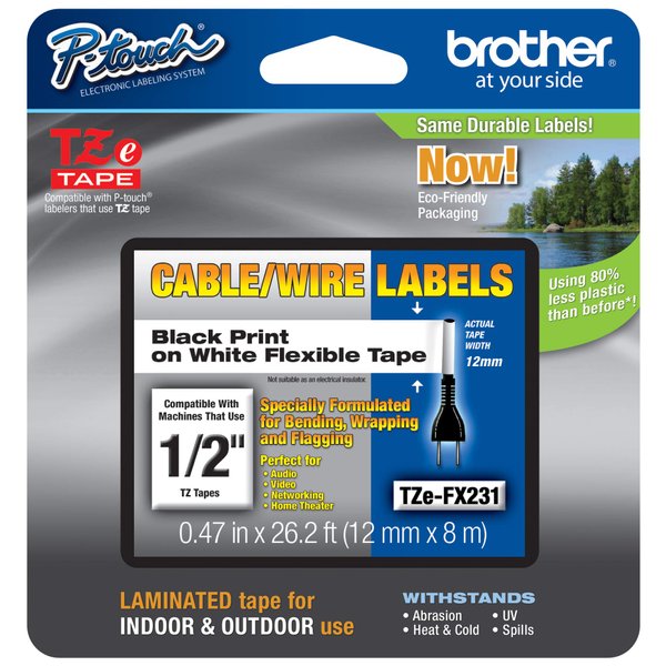 Brother Genuine P-Touch TZE-FX231 Tape, 1/2" (0.47") Wide Flexible-ID Laminated Tape, Black on White, Best Suited for Wire Wrapping and Frlagging, Water-Resistant, 0.47" x 26.2' (12mm x 8M), TZEFX231