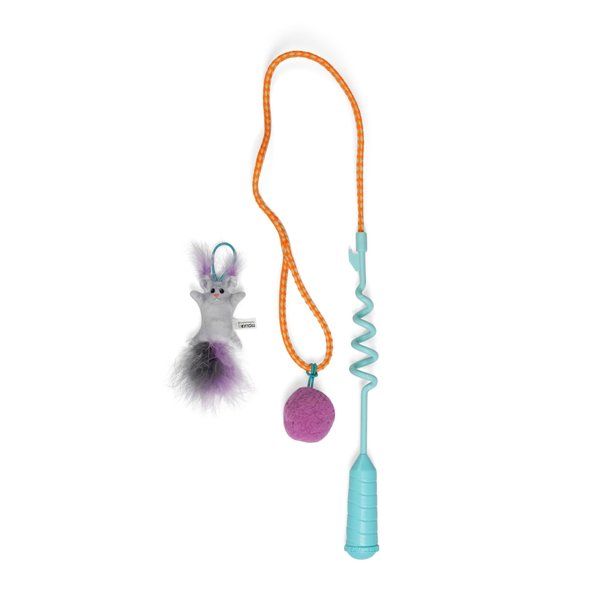 Catstages Cat-apult Spring Wand Durable and Interactive Cat Teaser Wand with Flinger Clip and Two Cat Toys, Catnip Toy and Pom Pom Ball, Blue