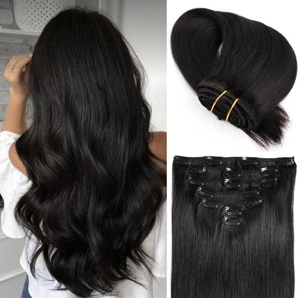 Savasana Clip in Hair Extensions Real Human Hair Natural Black Full Head Long Straight Hair Extensions for Women 7PCS Thick Full End 80g Clip on Hair Extensions 14In #1B