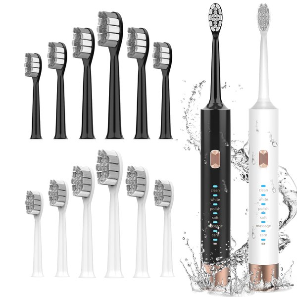 Aneebart Sonic Electric Toothbrush 2 Pack，Electric Toothbrush for Adults and Kids ，Travel Electric Toothbrush Includes 12 Dupont Brush Heads，IPx7 Waterproof (Black White)