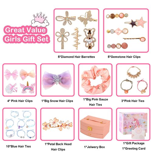 Qopoto Hair Accessories Kits for Girls, Hair Set for Girls Including Gift Box/Hair Clips/Hair Barrettes/Hair Ties/Hair Bows, Little Girls Teen Girl Birthday Gifts Age 4-15 (Crystal with Case)
