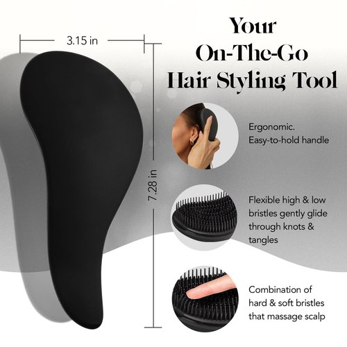 Kitsch Detangling Brush for Adults & Kids - Professional Wet & Dry Hair Detangler, No Pain, Tangle Free Flexible Bristles - Easy to Hold, Shower & Travel Brush, Fits All Hair Types - Black