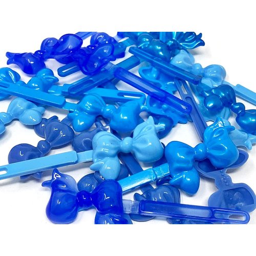 Tara Girls Super Cute Self Hinge Plastic Mulit Design Hair Barrettes Selection. 20 pc blue mix color bow shape.