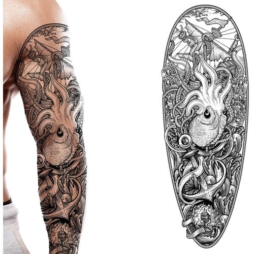 Tatodays 2 x Temporary tattoo full arm caribbean pirate kraken stick on body art transfer for women and men cosplay halloween adult temp tattoo for arms fancy dress